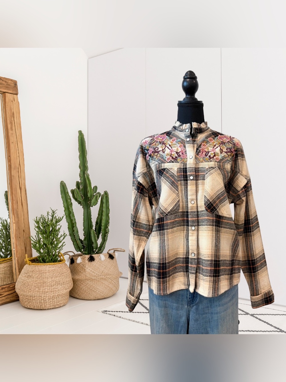 Sundance Long Sleeve Plaid Floral Embroidered Button Down Top